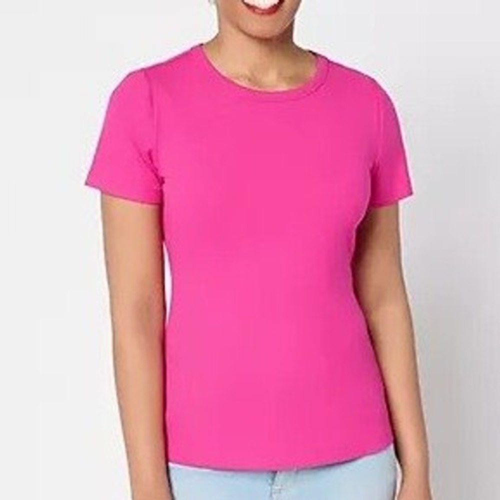 Susan Graver Womens Plus 1X Vivid Pink Rib Knit Short Sleeve Top Basic A692154